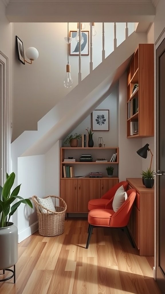Cozy workspace in a small apartment nook under the stairs, featuring stylish chairs and wooden furniture.