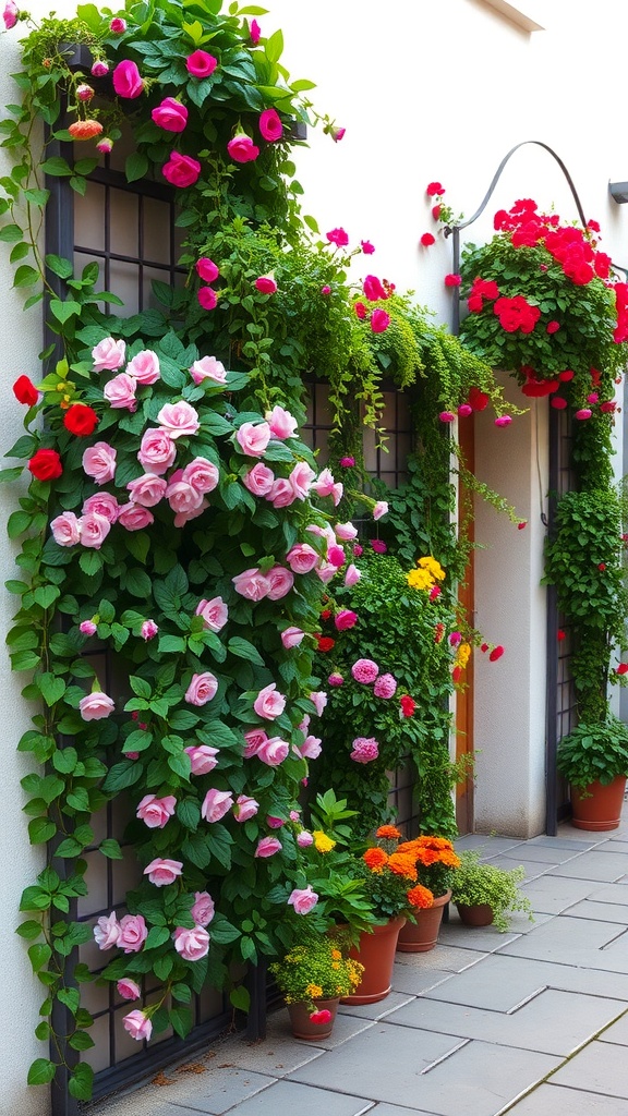 A vertical garden featuring climbing roses and colorful flowers on a trellis