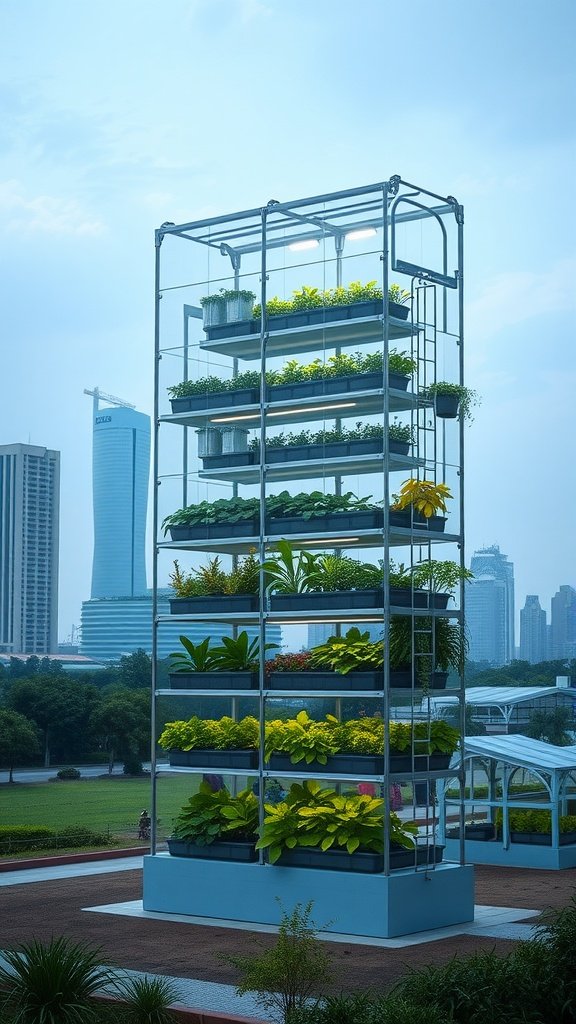 A tall vertical greenhouse filled with various plants, located in an urban setting with skyscrapers in the background.