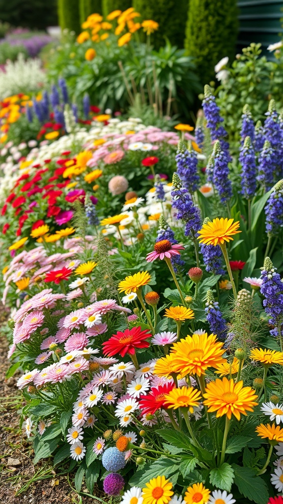 A vibrant flower garden featuring a mix of colorful perennials with daisies, gerbera daisies, and delphiniums.