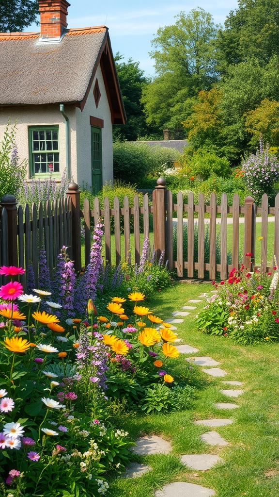 A whimsical cottage garden with colorful flowers and a stone pathway leading to a charming cottage.