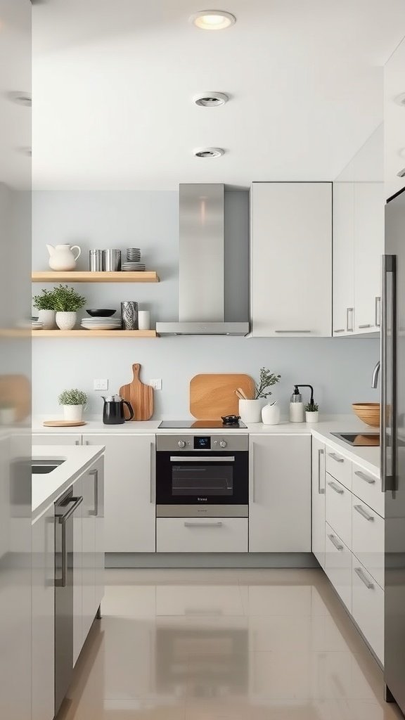 A minimalist Scandinavian style kitchen with white cabinets and light wooden shelves.
