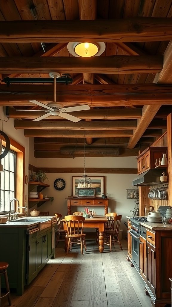 A rustic kitchen with wooden beams, featuring a cozy dining area and warm color tones.