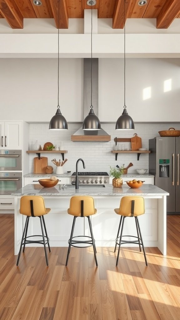 Modern kitchen with a spacious island and yellow bar stools
