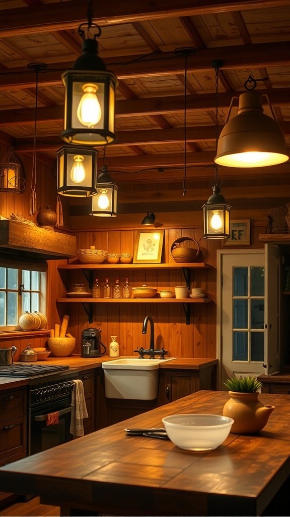 A cozy kitchen featuring vintage lantern lighting fixtures that create a warm ambiance.